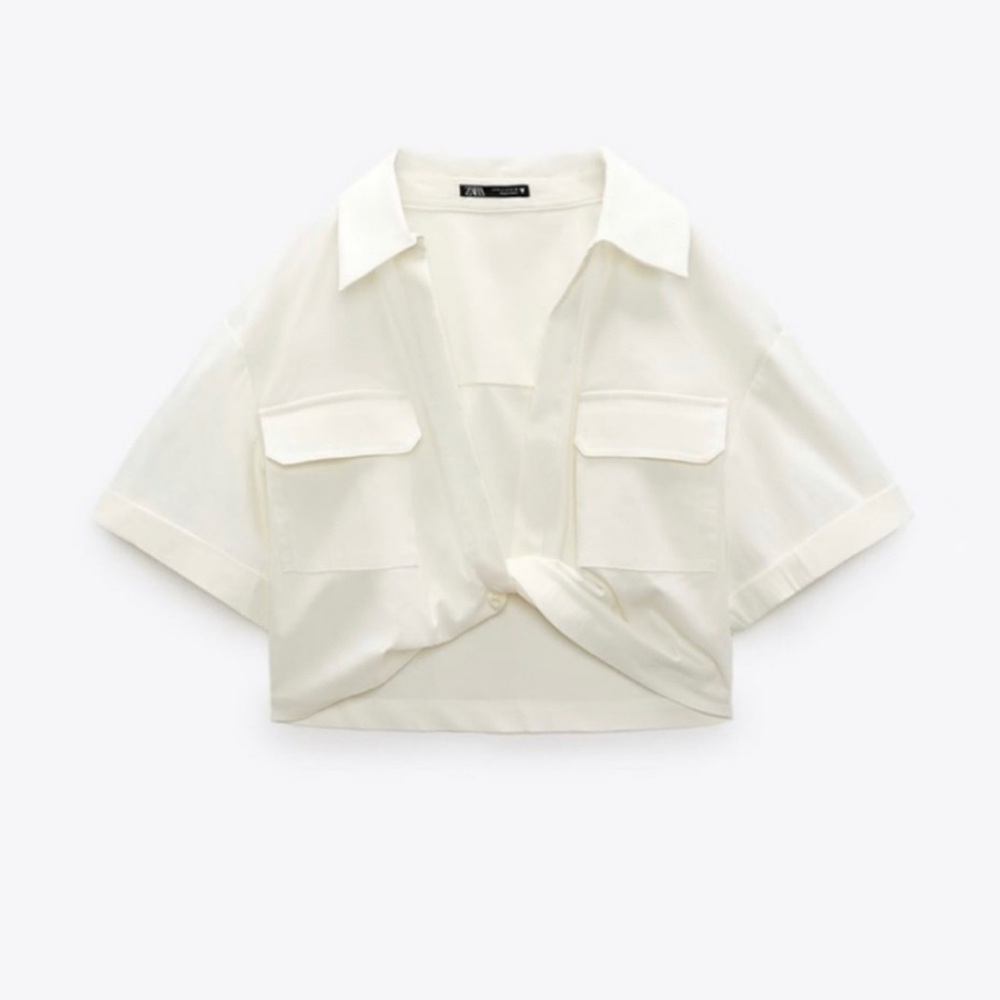 ZARA STRETCH LINEN BLEND CROP SHIRT
